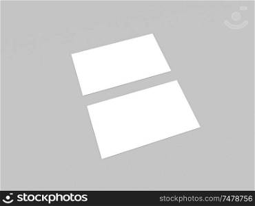 Two white business cards mock up on gray background. 3d render illustration.. Two white business cards mock up on gray background.