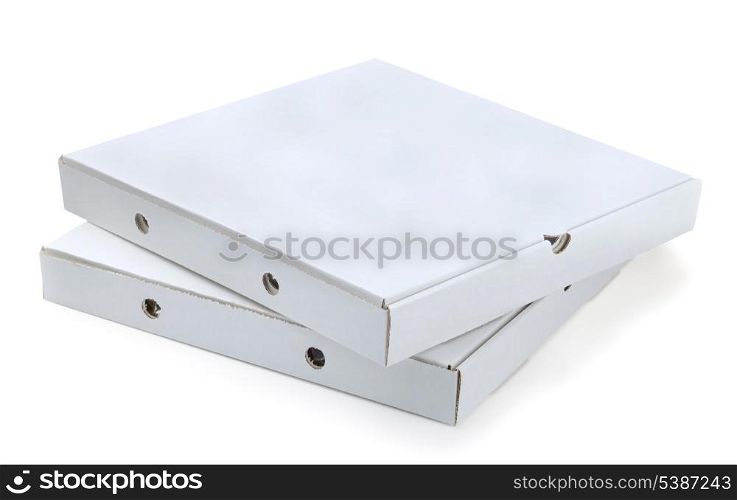 Two white cardboard pizza boxes isolated on white