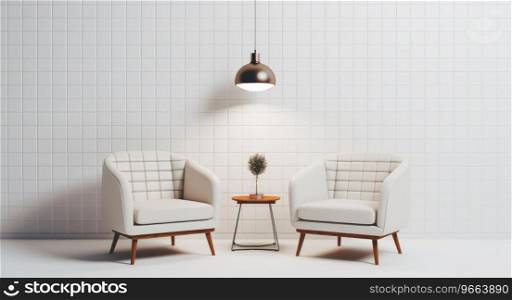 Two white chairs and l&in a room with white walls.