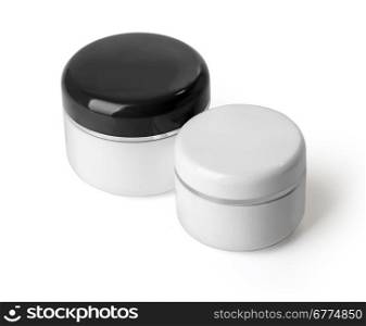 two white jars for cream on white background with clipping path