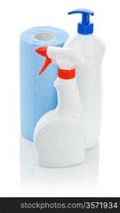 two white kitchen bottle with blue towel