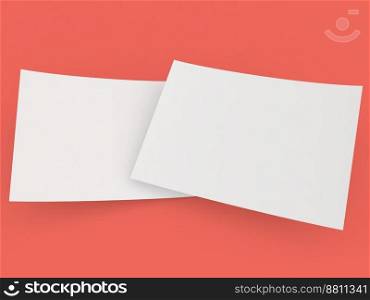 Two white mockups empty advertising flyer on red background. 3d render illustration.. Two white mockups empty advertising flyer on red background. 