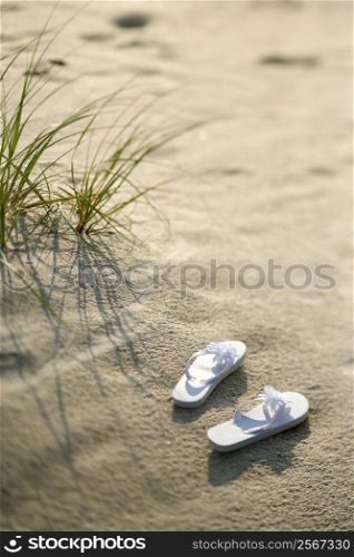 Two white sandals on sandy beach.