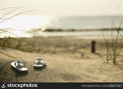 Two white sandals on sandy beach with ocean in background.