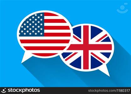 Two white speech bubbles with American and Great britain flags. English language conceptual illustration. Two white speech bubbles with American and Great britain flags.