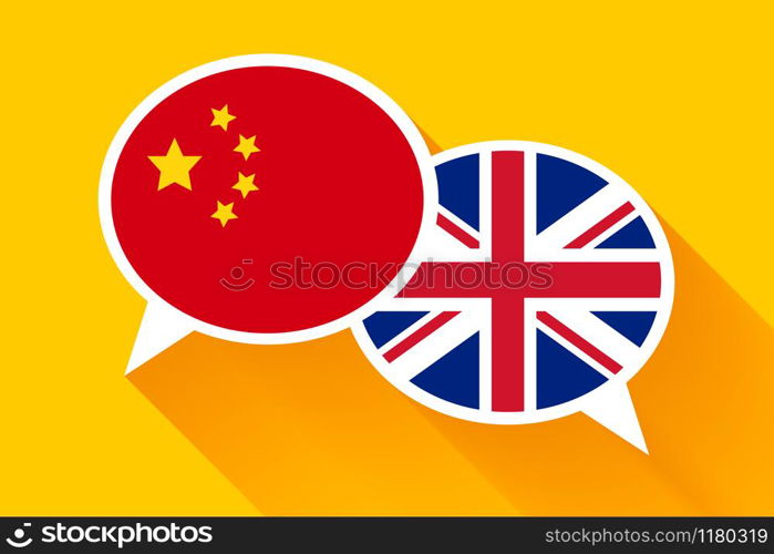 Two white speech bubbles with China and Great britain flags. English language conceptual illustration. Two white speech bubbles with China and Great britain flags