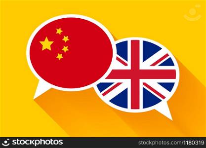 Two white speech bubbles with China and Great britain flags. English language conceptual illustration. Two white speech bubbles with China and Great britain flags