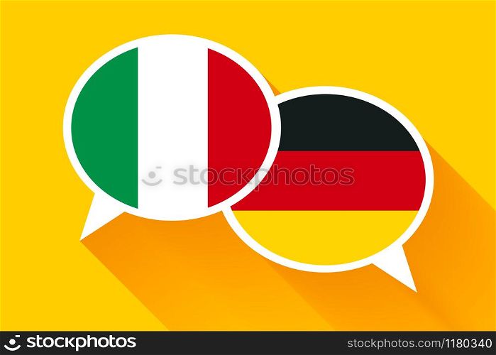 Two white speech bubbles with Italian and German flags. English language conceptual illustration.. Two white speech bubbles with Italian and German flags