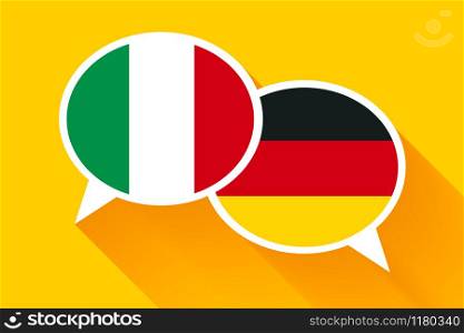 Two white speech bubbles with Italian and German flags. English language conceptual illustration.. Two white speech bubbles with Italian and German flags