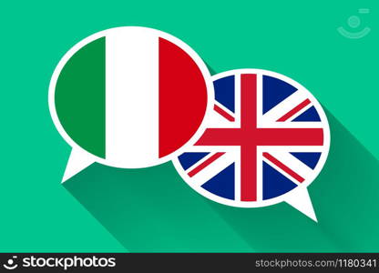 Two white speech bubbles with Italian and Great britain flags. English language conceptual illustration. Two white speech bubbles with Italian and Great britain flags