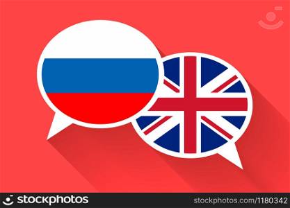 Two white speech bubbles with Russia and Great britain flags. English language conceptual illustration. Two white speech bubbles with Russia and Great britain flags