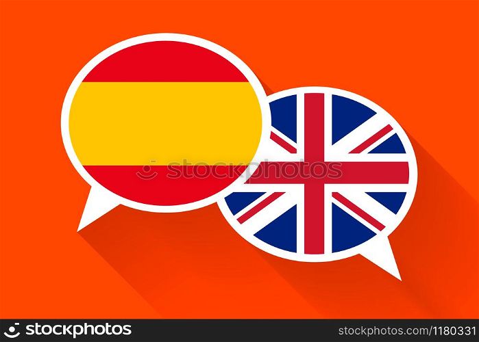 Two white speech bubbles with Spain and Great britain flags. English language conceptual illustration. Two white speech bubbles with Spain and Great britain flags
