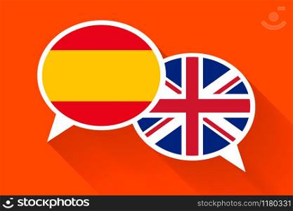 Two white speech bubbles with Spain and Great britain flags. English language conceptual illustration. Two white speech bubbles with Spain and Great britain flags