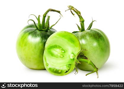 Two whole and half green tomatoes isolated on white background