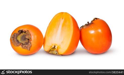 Two Whole And One Half Persimmons Isolated On White Background