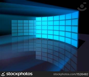 Two wide screen monitor panel walls on dark reflective background. Wide screen monitor panel walls