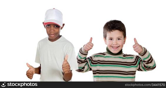Two winner children saying OK on a white background