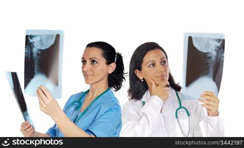 Two woman doctor with radiography a over white background