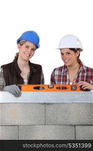 Two woman stood by wall holding spirit level