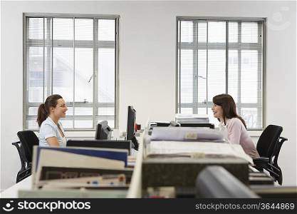 Two women at desks in office, side view