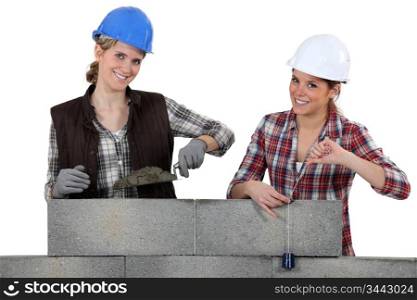Two women building wall together