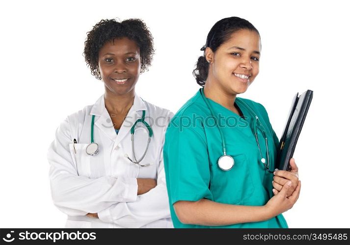 Two women doctor a over white background