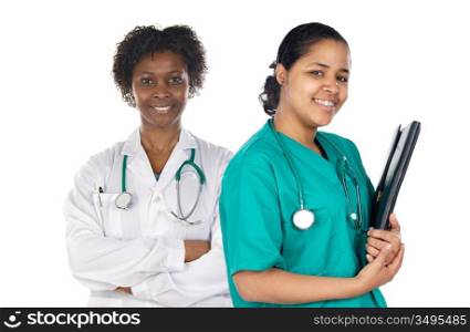 Two women doctor a over white background