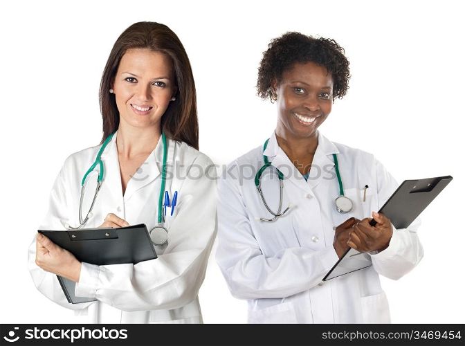Two women doctors a over white background