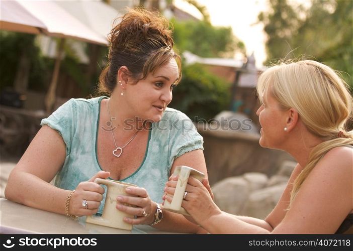 Two women drinking and talking in garden