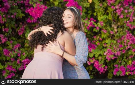 two women friends hugging, girl congratulating and hugging her friend, women’s day concept
