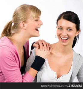 Two women friends sport outfit smiling isolated portrait