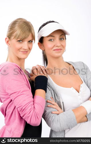 Two women friends sport outfit smiling isolated portrait