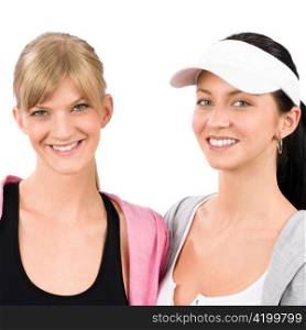 Two women friends sport outfit smiling isolated portrait