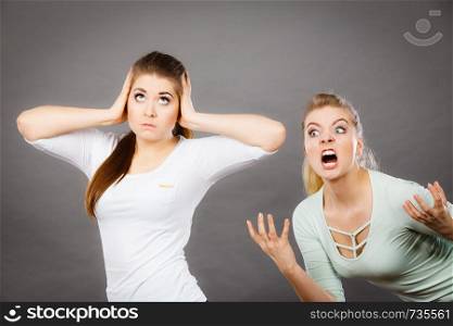 Two women having argue fight being mad at each other. Female telling off, ignorance concept.. Two women having argue