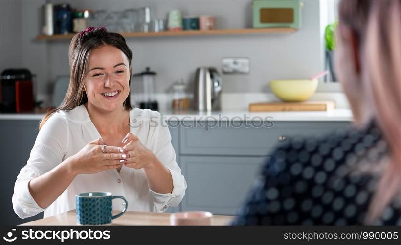 Two Women Having Conversation At Home Using Sign Language