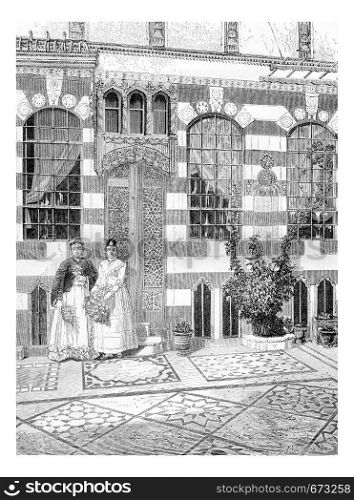 Two Women in a House in Acre, Israel, vintage engraved illustration. Le Tour du Monde, Travel Journal, 1881