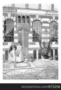 Two Women in a House in Acre, Israel, vintage engraved illustration. Le Tour du Monde, Travel Journal, 1881