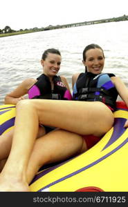 Two women in a small boat