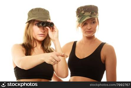 Two women in military clothes search with binoculars army girls isolated on white
