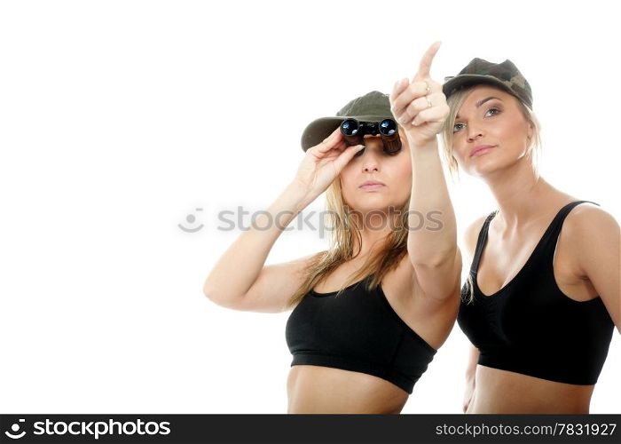 Two women in military clothes with binoculars army girls isolated on white background.