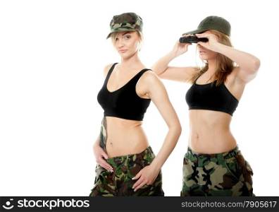 Two women in military clothes with binoculars army girls isolated on white background.