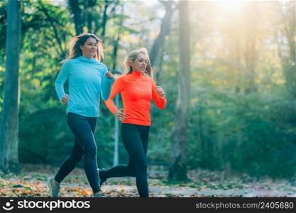 Two Women Jogging Outdoors in Public Park in the Fall.. Two Women Jogging Outdoors in a Park in the Fall.
