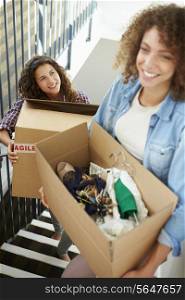 Two Women Moving Into New Home Carrying Box Upstairs