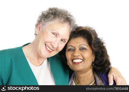Two women of different ethnicities who are best friends. Isolated on white.