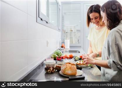 Two women preparing healthy food on the kitchen counter, diet and nutrition concept