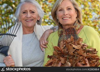 Two women raking leaves