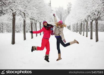 two women walk by winter alley snow trees on background