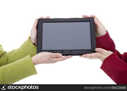 Two women with a digital tablet, isoated, detail