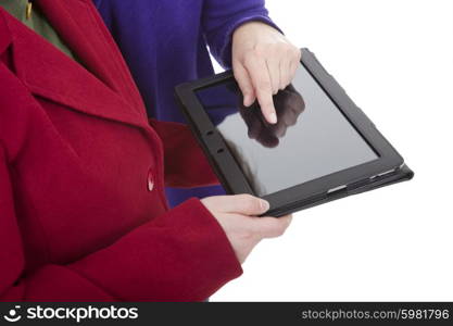 Two women with a digital tablet, isoated, detail