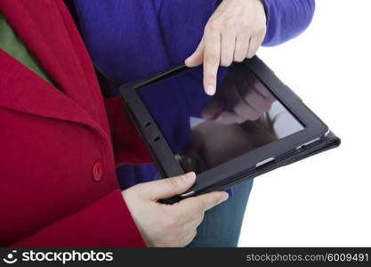 Two women with a digital tablet, isoated, detail